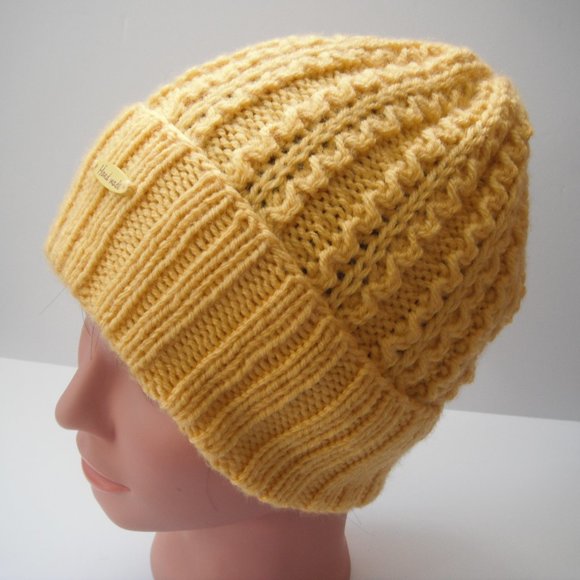 Hand Knitted Hat Toque Adult Size-M-L Acrylic Color Yellow - 030 Hand knit by me - Picture 5 of 8